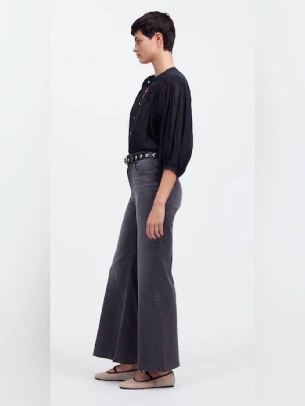 Madewell Black Flared Wide-Leg High-Rise Distressed Fray Hem Jeans, Sz-29